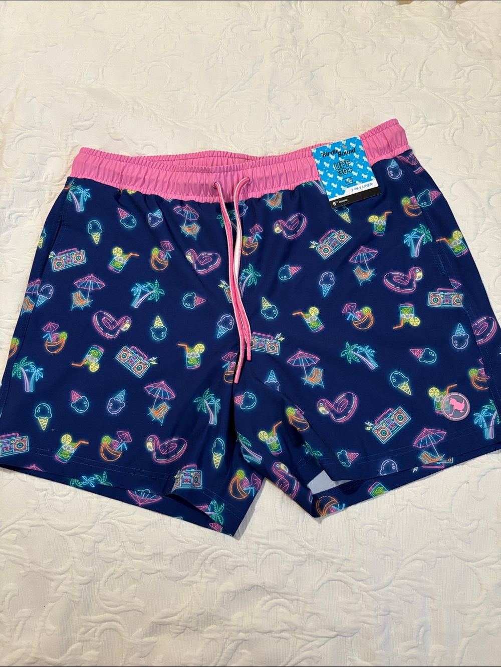 Men's Navy Swim Trunks with Pink Waistband